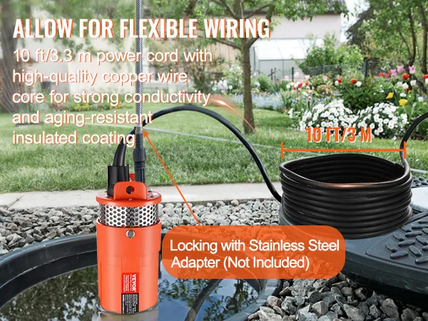 VEVOR solar water pump with 10 ft power cord, copper wire, and insulated coating for garden use.