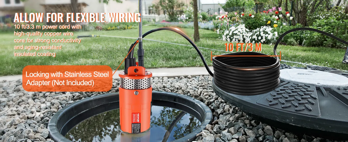 VEVOR solar water pump with 10 ft power cord, copper wire, and insulated coating for garden use.