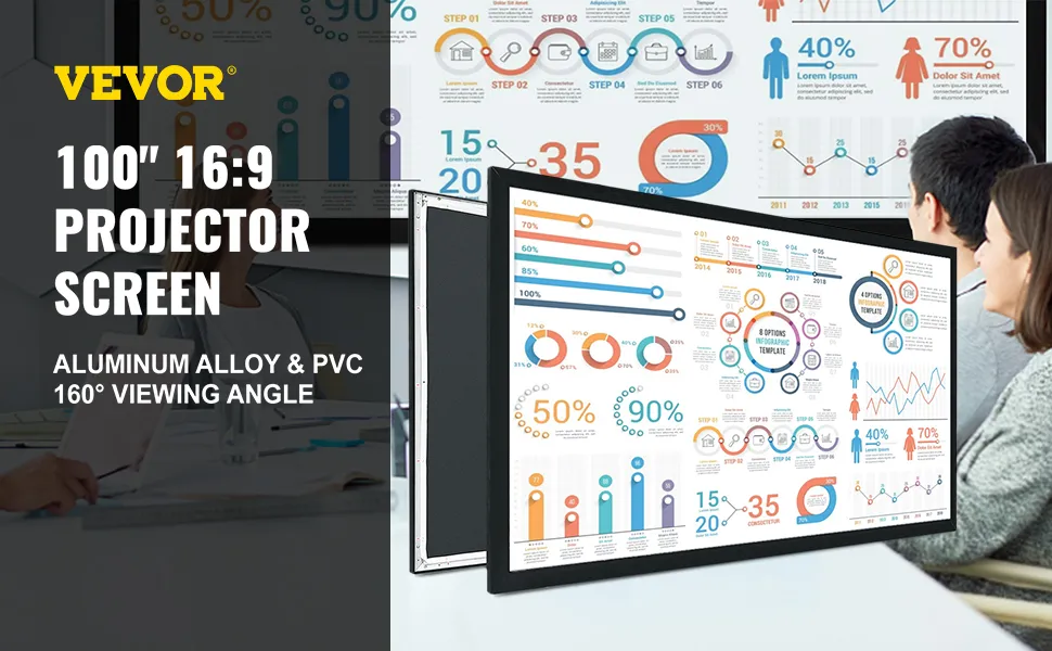 Pantalla de proyector VEVOR 100" 16:9, marco de aleación de aluminio, ángulo de visión de 160°, configuración de oficina.