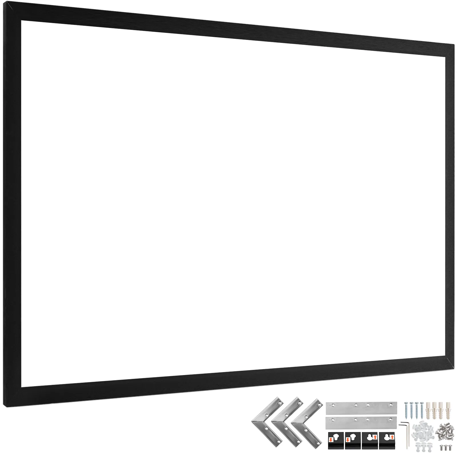 Pantalla de proyector VEVOR con marco negro y hardware de instalación.