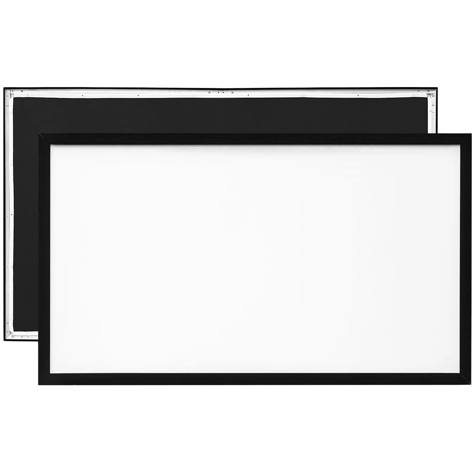 VEVOR projectiescherm met zwart frame tegen zwart-witte achtergrond.