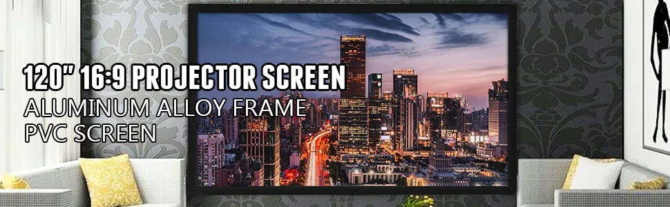 VEVOR projection screen, 120" 16:9, aluminum alloy frame, pvc screen, cityscape view.