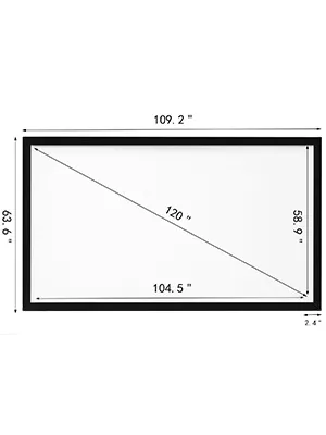 VEVOR projection screen, 120-inch diagonal, measurements of 109.2" x 63.6" rectangle.