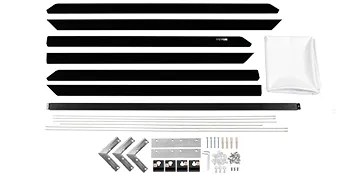 VEVOR projection screen parts including frames, brackets, screws, and fabric.