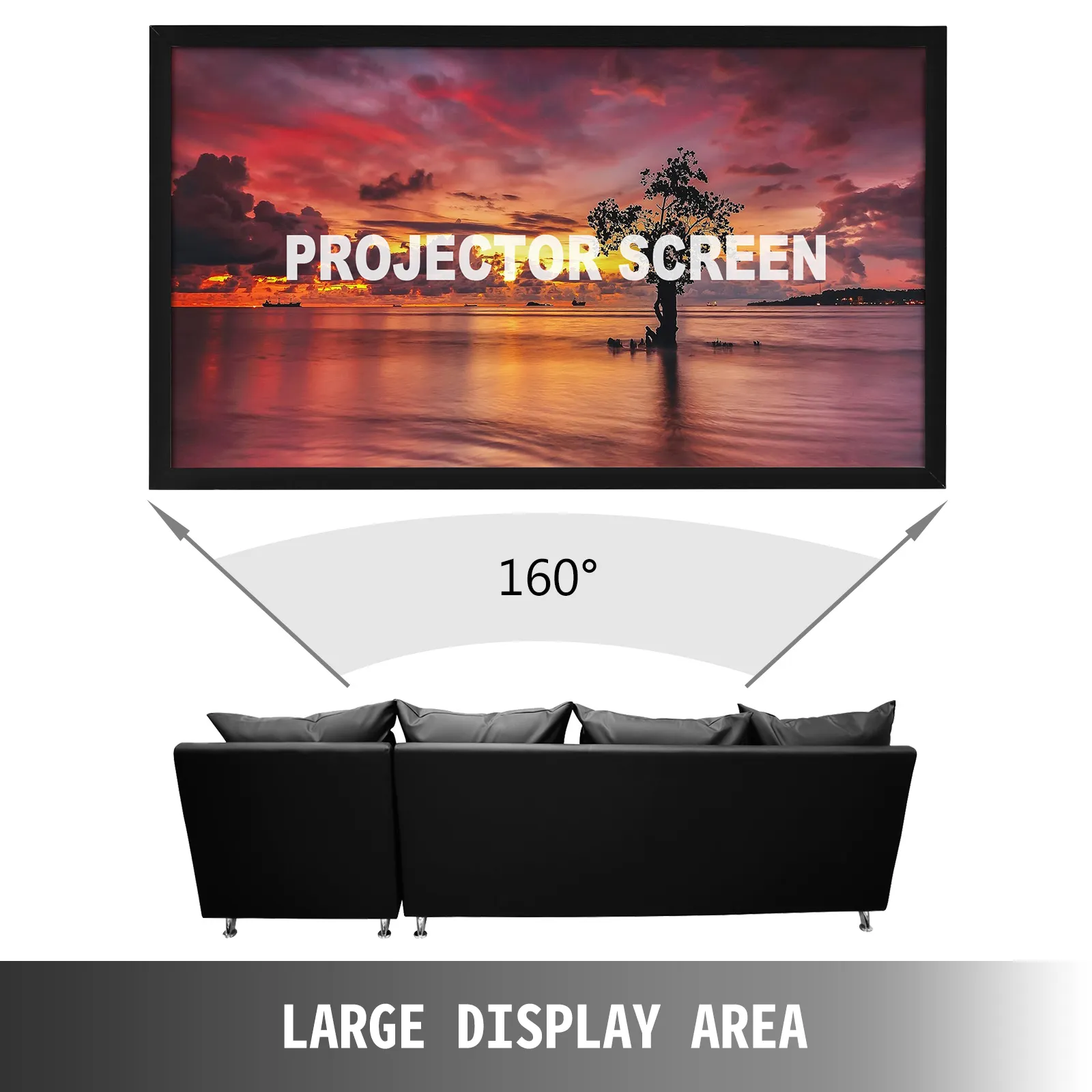VEVOR projection screen with 160-degree viewing angle above a black sofa.