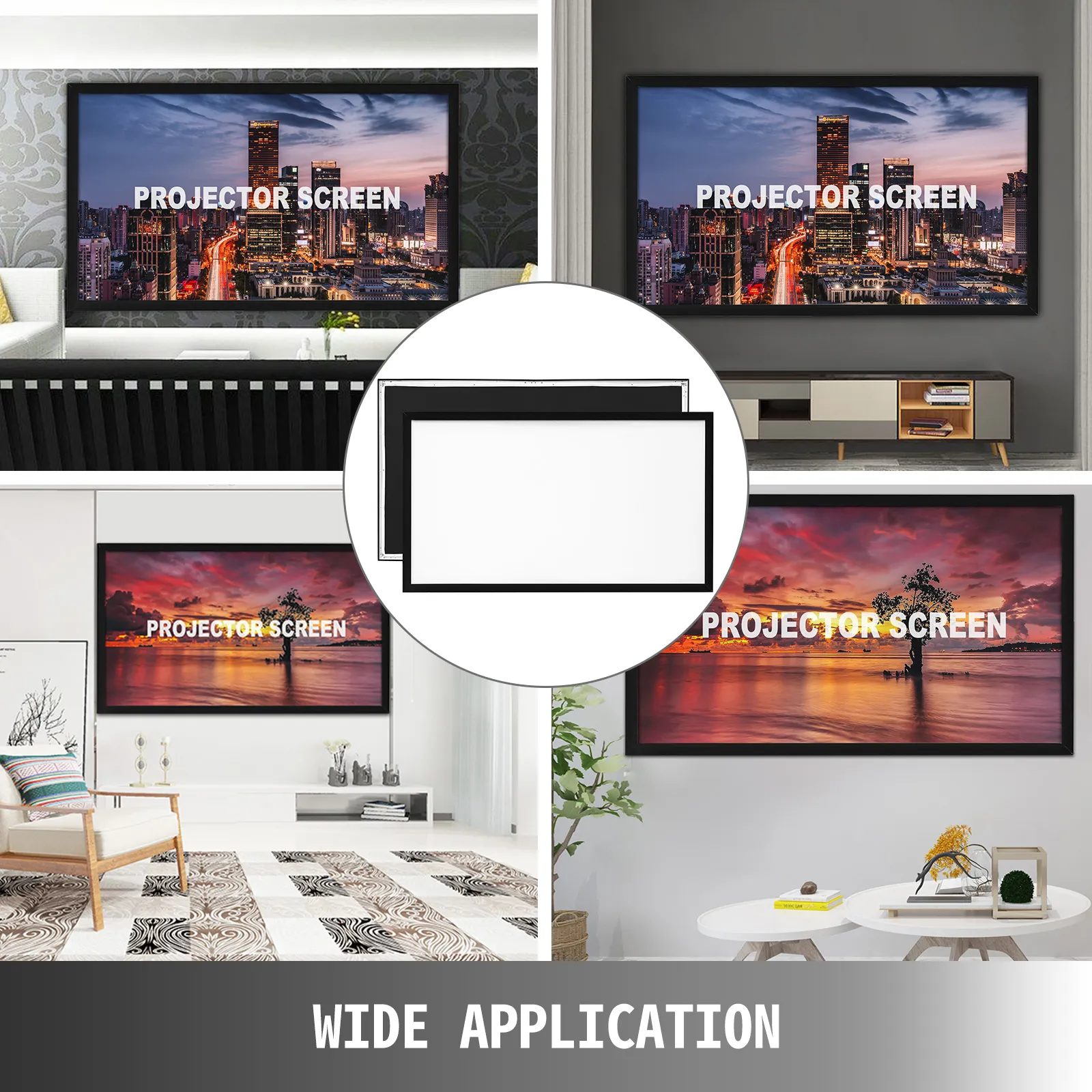 VEVOR projection screen setup in various stylish home interiors, highlighting wide application.