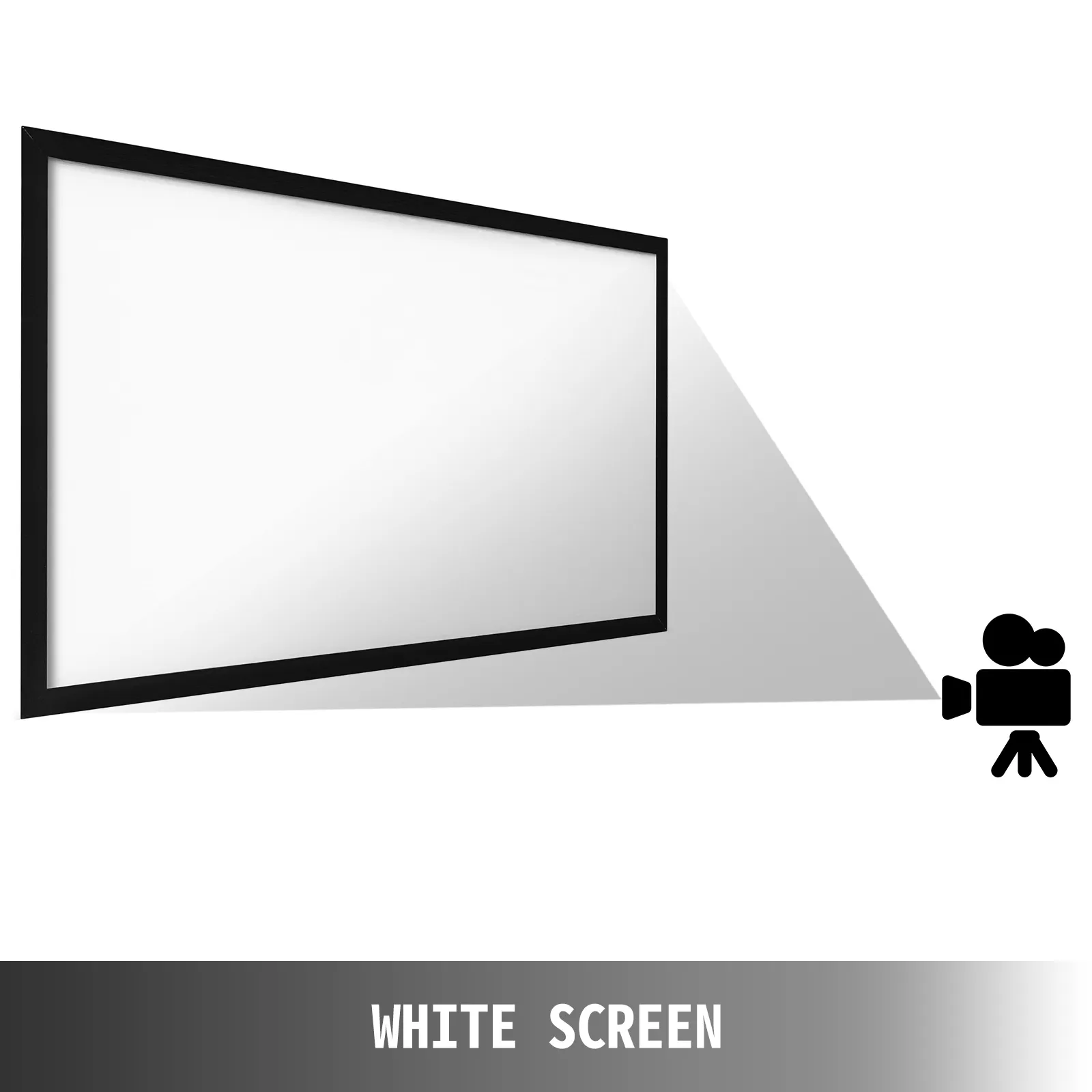 VEVOR-Projektionsleinwand mit schwarzem Rahmen, weißer Oberfläche und einem Symbol einer Videokamera.