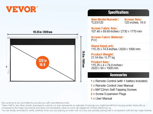 Ekran projekcyjny VEVOR z napędem silnikowym, 120 cali, 16:9, z pilotem i akcesoriami w zestawie.