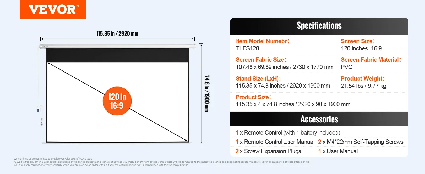 Ekran projekcyjny VEVOR z napędem silnikowym, 120 cali, 16:9, z pilotem i akcesoriami w zestawie.