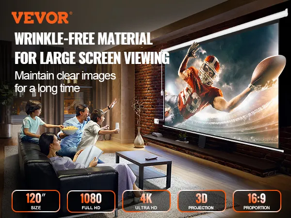 Ekran projekcyjny VEVOR z napędem silnikowym, materiał zapobiegający zagnieceniom; przekątna 120 cali, rozdzielczość Full HD 1080, rozdzielczość Ultra HD 4K, projekcja 3D.