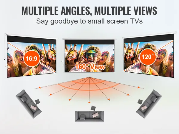 Ekran projekcyjny VEVOR z napędem silnikowym, wyświetlający obraz w proporcjach 16:9, 160°, 120" z miejscami siedzącymi.