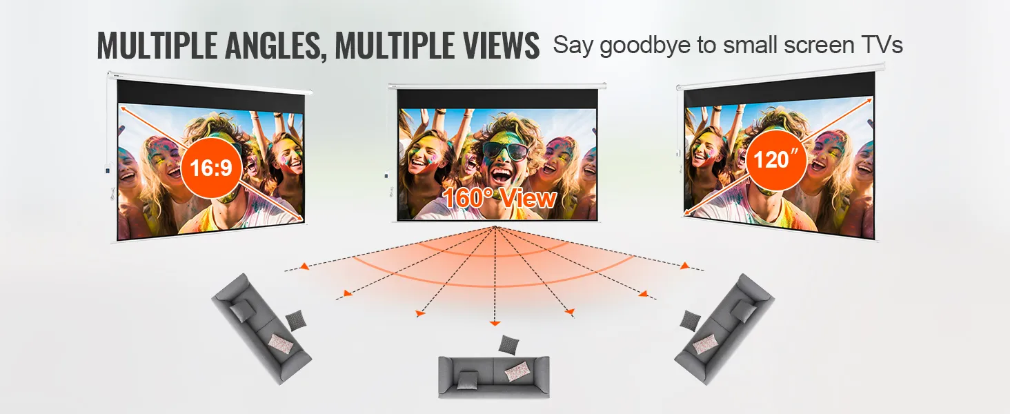Ekran projekcyjny VEVOR z napędem silnikowym, wyświetlający obraz w proporcjach 16:9, 160°, 120" z miejscami siedzącymi.
