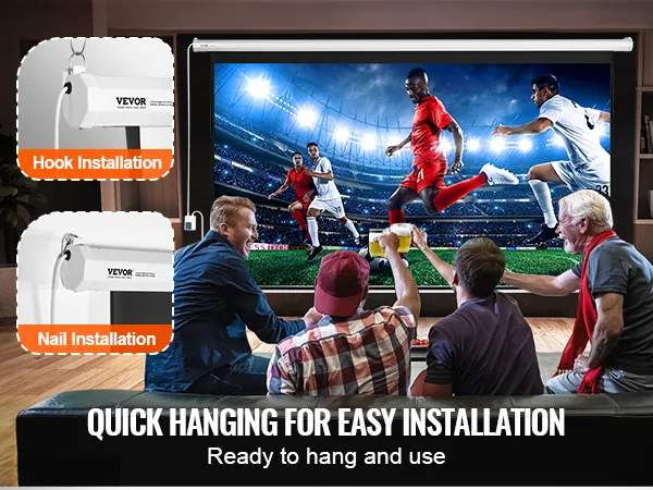 Ekran projekcyjny VEVOR z napędem silnikowym i łatwym montażem za pomocą haczyków i gwoździ, umożliwiający wyświetlanie meczu piłki nożnej.
