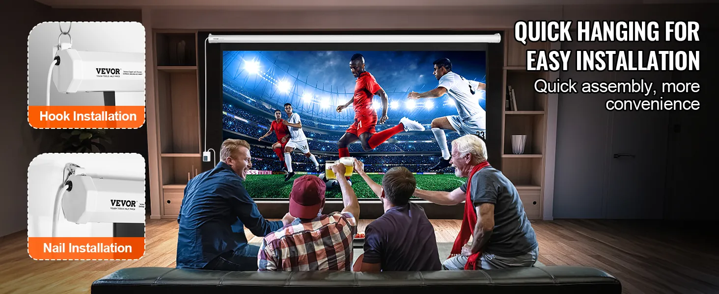 Ekran projekcyjny VEVOR z napędem silnikowym i łatwym montażem za pomocą haczyków i gwoździ, umożliwiający wyświetlanie meczu piłki nożnej.