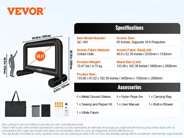 Aufblasbare Filmleinwand von VEVOR, 14 Fuß, Oxford-Stoff, inkl. Gebläse, Heringe, Seile und Tragetasche.