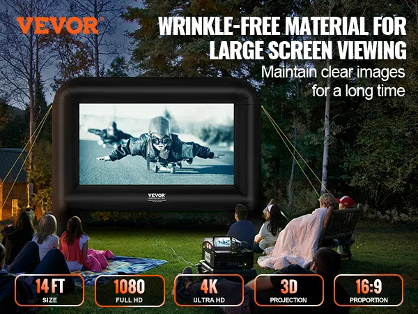 Aufblasbare Filmleinwand von VEVOR für den Garten, 4,32 m groß, 4K UHD und 1080p Full HD.