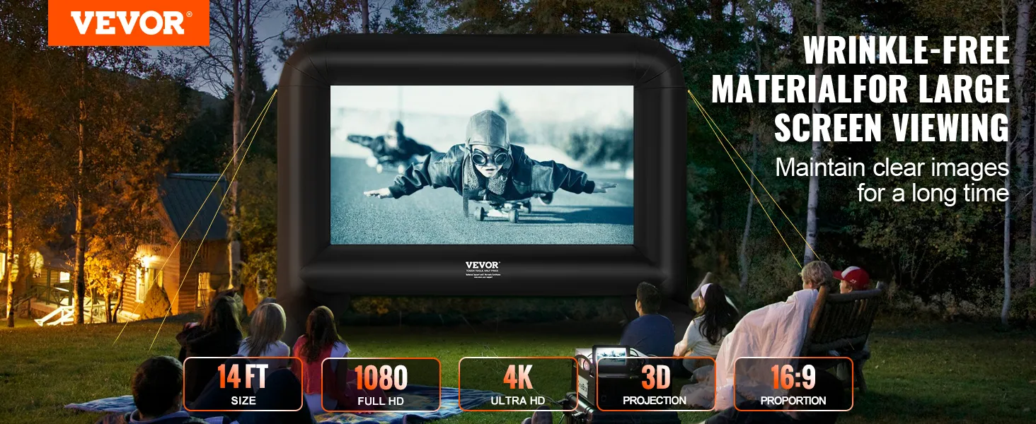 Aufblasbare Filmleinwand von VEVOR für den Garten, 4,32 m groß, 4K UHD und 1080p Full HD.