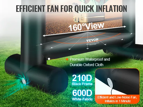 Aufblasbare Filmleinwand von VEVOR, 160°-Sicht, effizienter Ventilator zum schnellen Aufblasen, strapazierfähiges, wasserdichtes Gewebe.