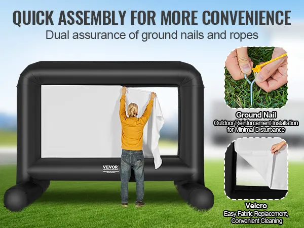 Aufblasbare Filmleinwand von VEVOR, einfach aufzubauen, mit Bodennägeln, Seilen und Klettverschluss für Stabilität.