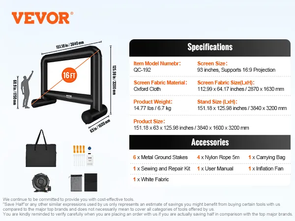 VEVOR inflatable movie screen, 16ft, with carry bag, fan, ground stakes, nylon rope, repair kit.