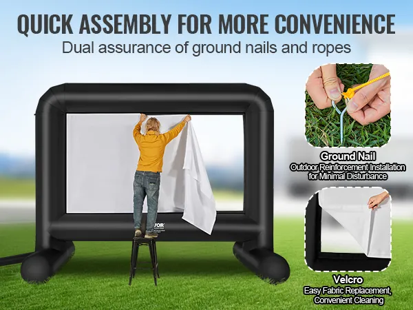 man setting up VEVOR inflatable movie screen with ground nails and velcro for easy assembly.
