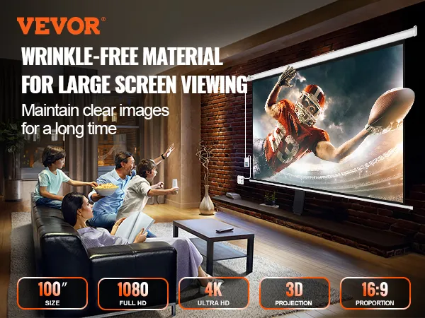 Ekran projekcyjny VEVOR z napędem silnikowym, wyświetlający mecz piłkarski bez zagnieceń, w rozdzielczości 4K, 1080p i 3D.