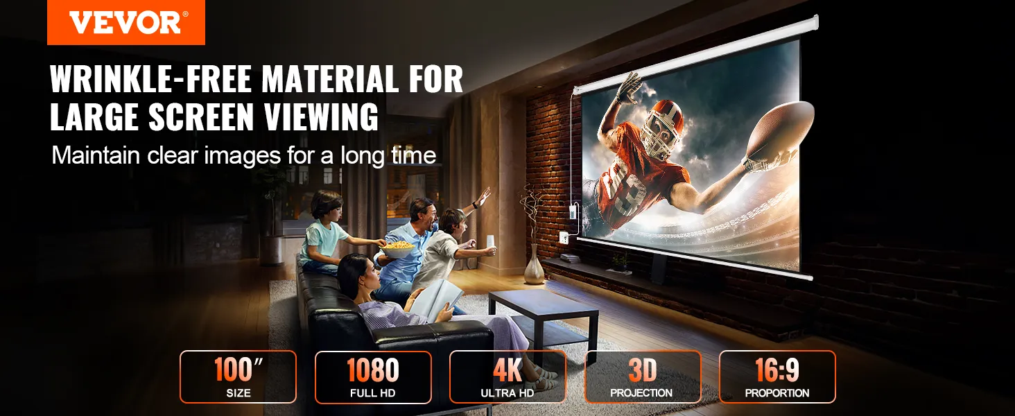 Ekran projekcyjny VEVOR z napędem silnikowym, wyświetlający mecz piłkarski bez zagnieceń, w rozdzielczości 4K, 1080p i 3D.