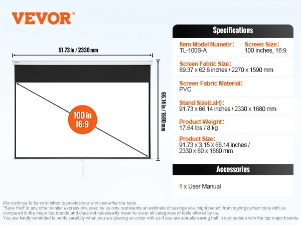 VEVOR projector screen, 100 inches, 16:9, pvc, 2330 x 1680 mm, manual included.