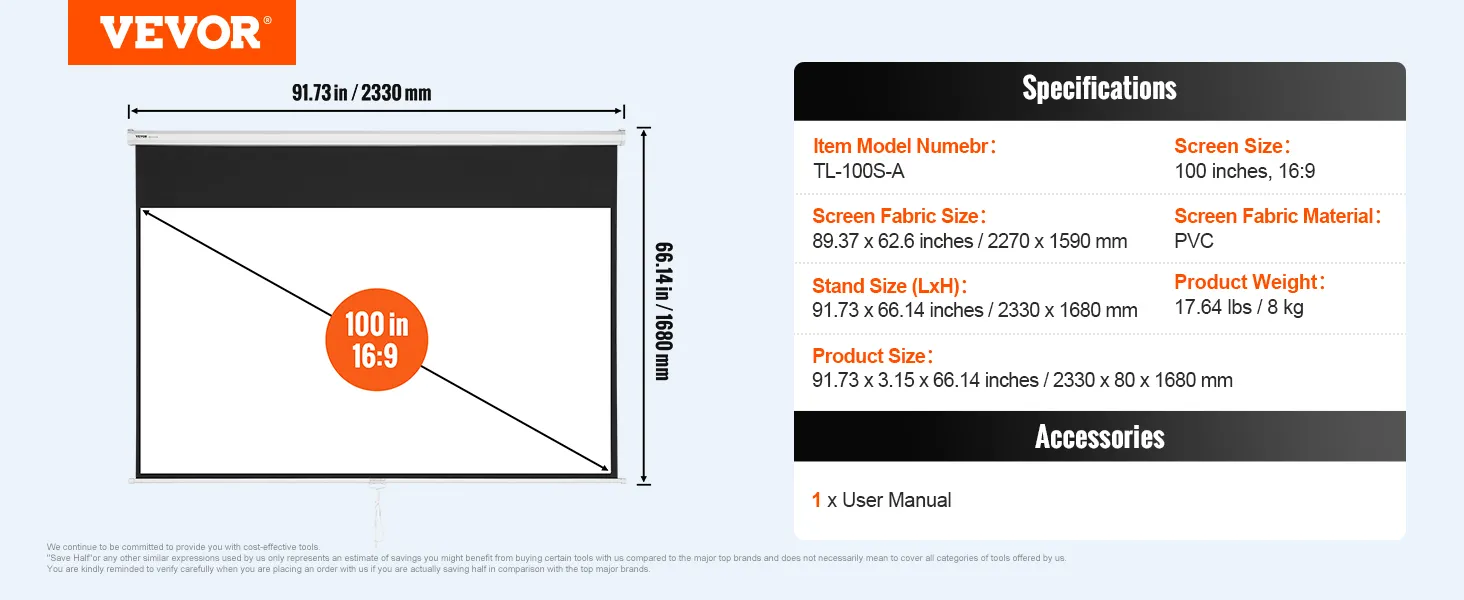 VEVOR projector screen, 100 inches, 16:9, pvc, 2330 x 1680 mm, manual included.