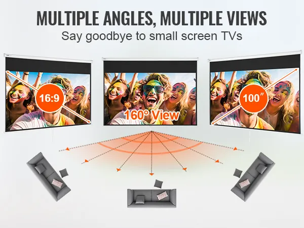 VEVOR projector screen showcasing 16:9 aspect ratio, 160° view angle, and 100-inch display in a living room setup.