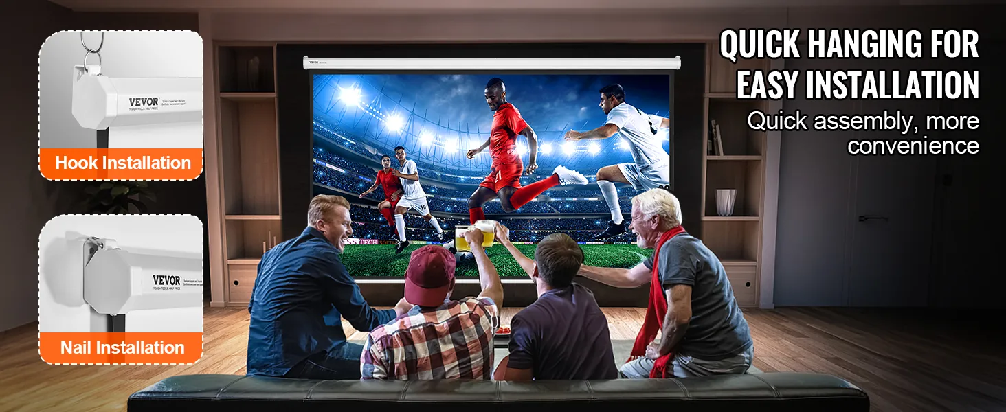 VEVOR projector screen setup using hook and nail installation options, perfect for home entertainment.