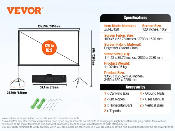 VEVOR projector screen, 120 inches 16:9, includes stand, ropes, carrying bag, and accessories.