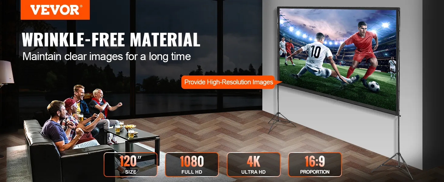VEVOR projector screen features wrinkle-free material for clear images, 4k support, and 120" size.