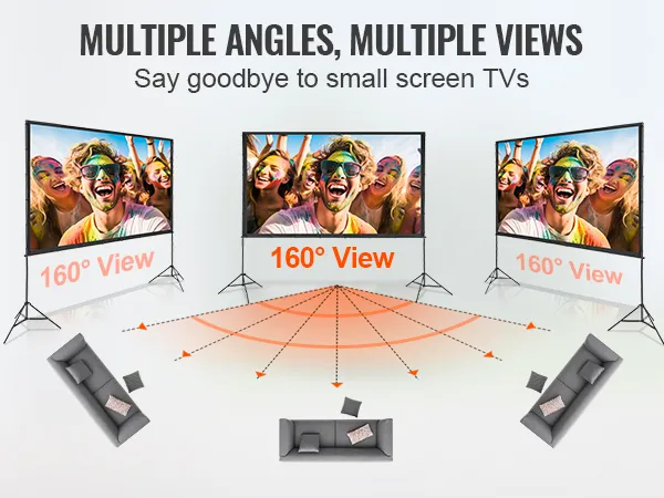 VEVOR projector screen offering 160° view angles, showcasing clear, vibrant visuals from multiple perspectives.