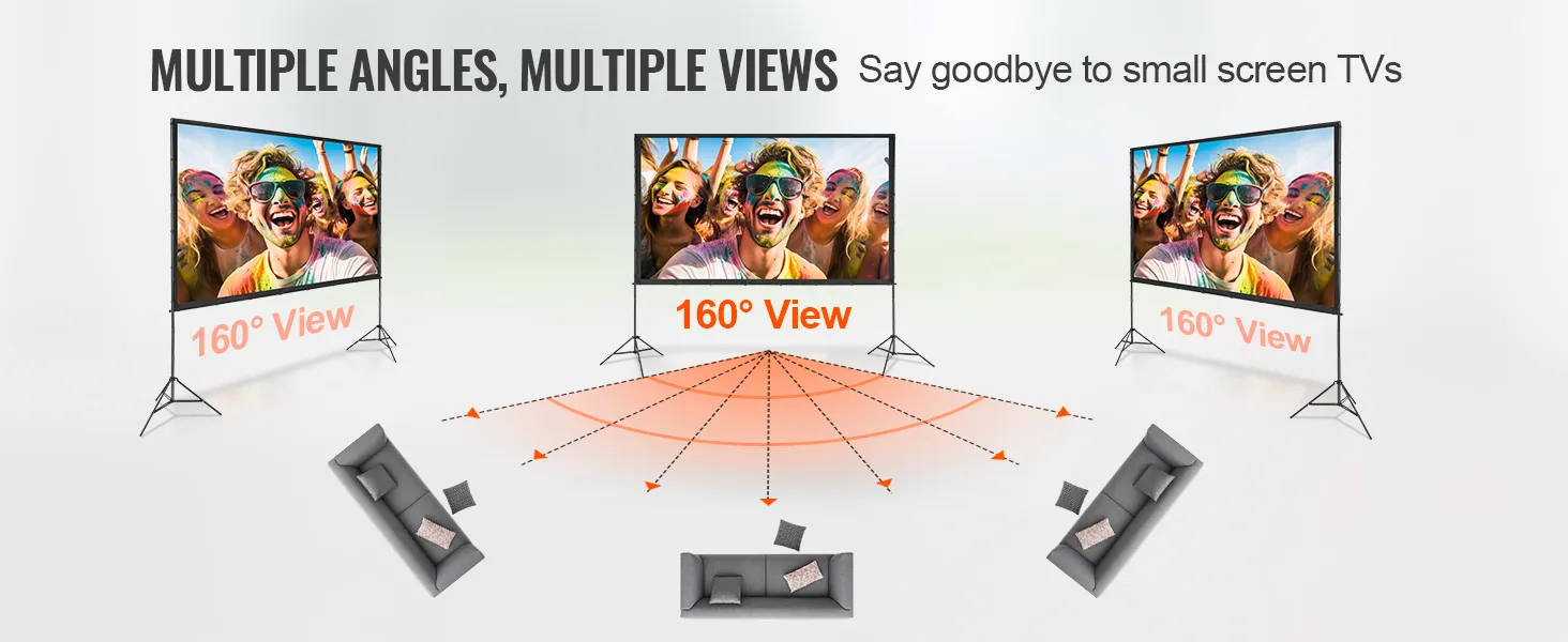 VEVOR projector screen offering 160° view angles, showcasing clear, vibrant visuals from multiple perspectives.