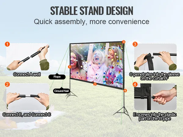 stable stand design for quick assembly of VEVOR projector screen in outdoor setting with assembly steps.