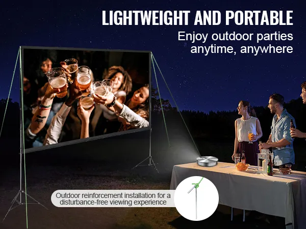 VEVOR projector screen at an outdoor party with friends enjoying drinks at night. lightweight and portable.