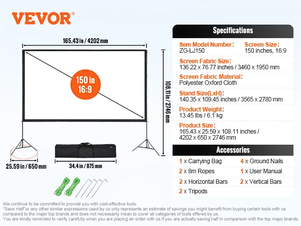 VEVOR projector screen, 150 inches 16:9, polyester fabric, accessories included: carrying bag, tripods.
