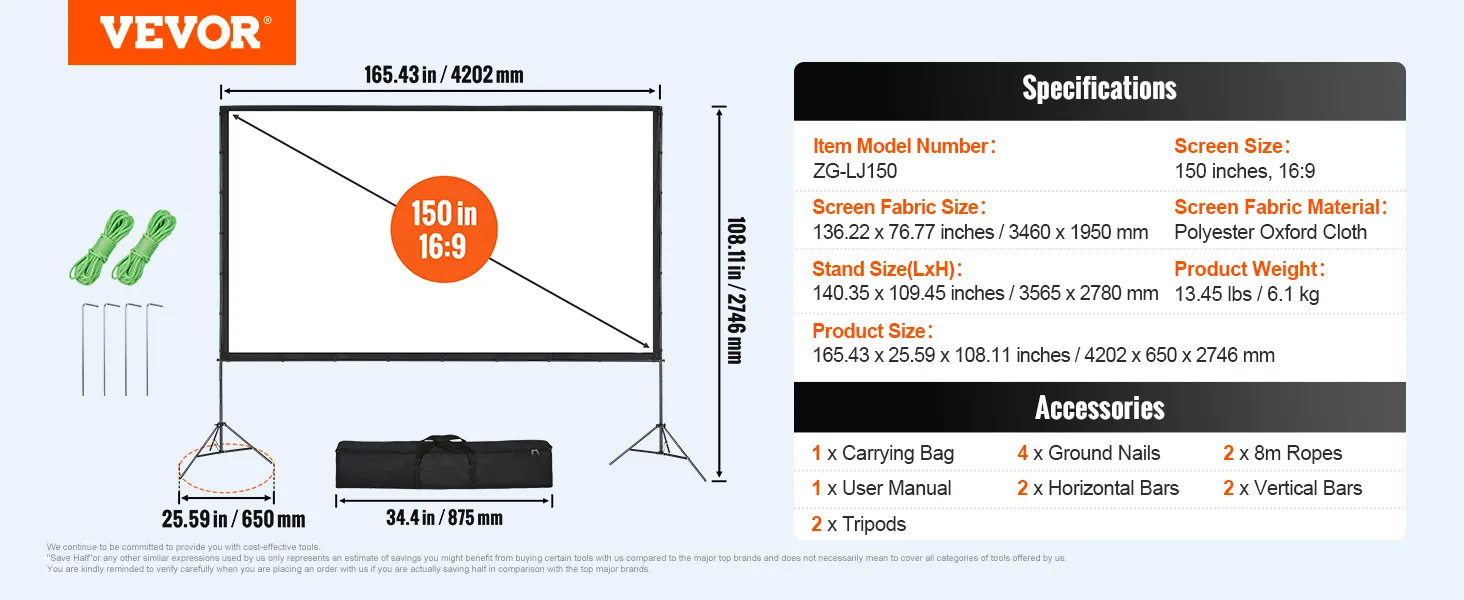 VEVOR projector screen, 150 inches 16:9, polyester fabric, accessories included: carrying bag, tripods.