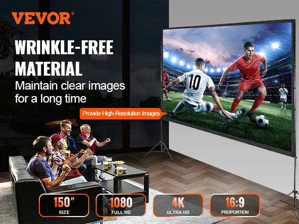 VEVOR projector screen showing a soccer game, featuring 150" size, 1080 full hd, 4k, and 16:9 proportion.