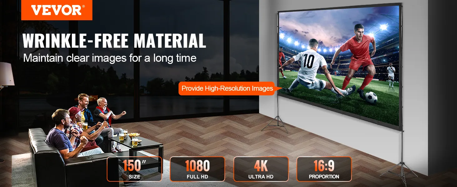 VEVOR projector screen showing a soccer game, featuring 150" size, 1080 full hd, 4k, and 16:9 proportion.