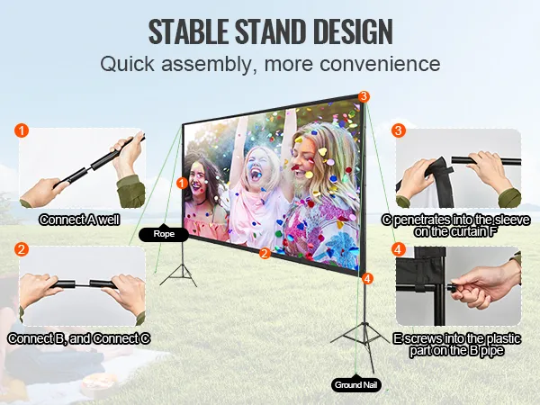 VEVOR projector screen setup instructions with stable stand design, connected rods, and secure ground nails.