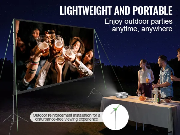 VEVOR projector screen used at an outdoor party with people toasting drinks, highlighting its portability.