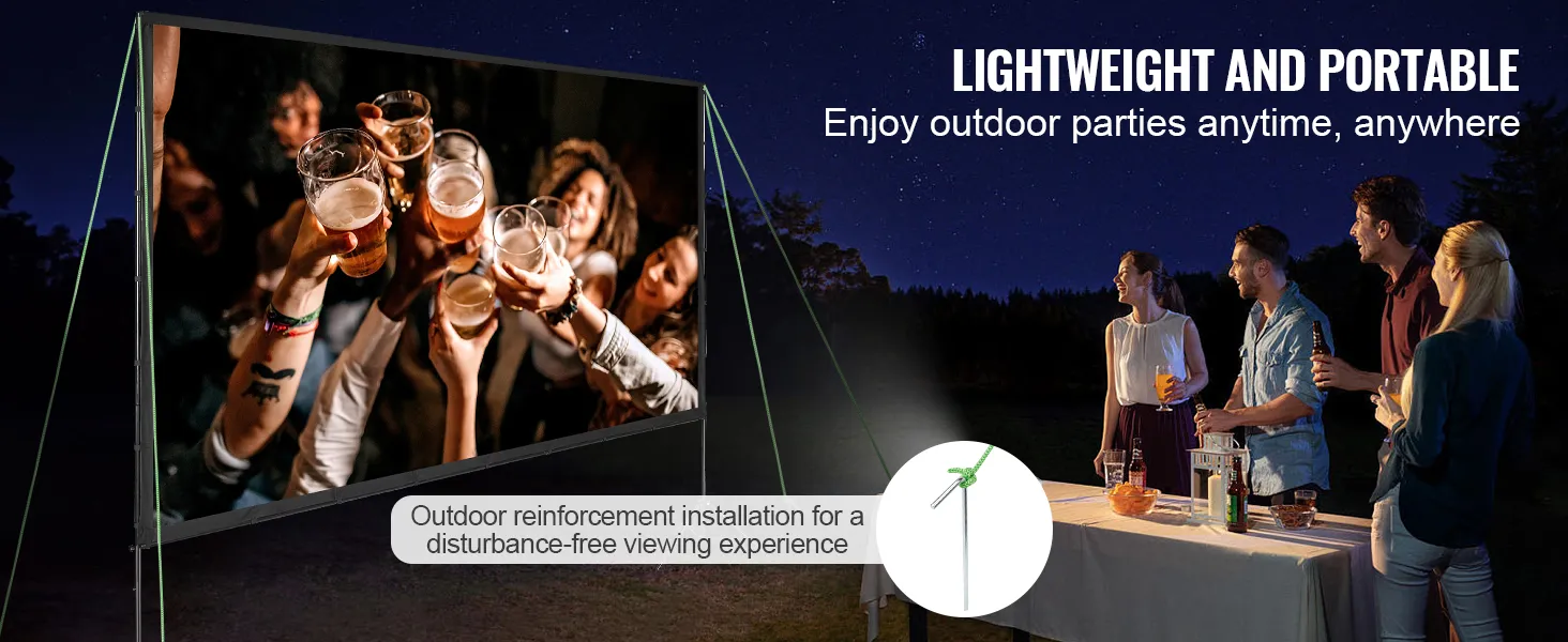 VEVOR projector screen used at an outdoor party with people toasting drinks, highlighting its portability.