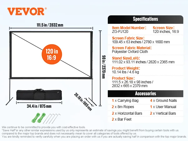 VEVOR projector screen with 120-inch 16:9 display, polyester fabric, and included accessories.