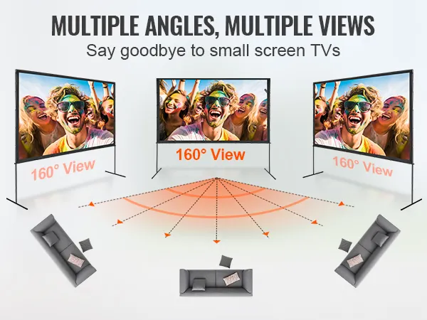 VEVOR projector screen with 160-degree wide viewing angle, ideal for versatile home entertainment.