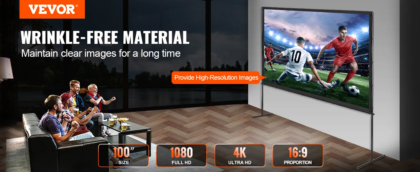 VEVOR projector screen in a living room setup, showcasing sports in high-definition on a 100" screen.