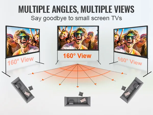 VEVOR projector screen offering 160° viewing angles and clear visuals from multiple perspectives.