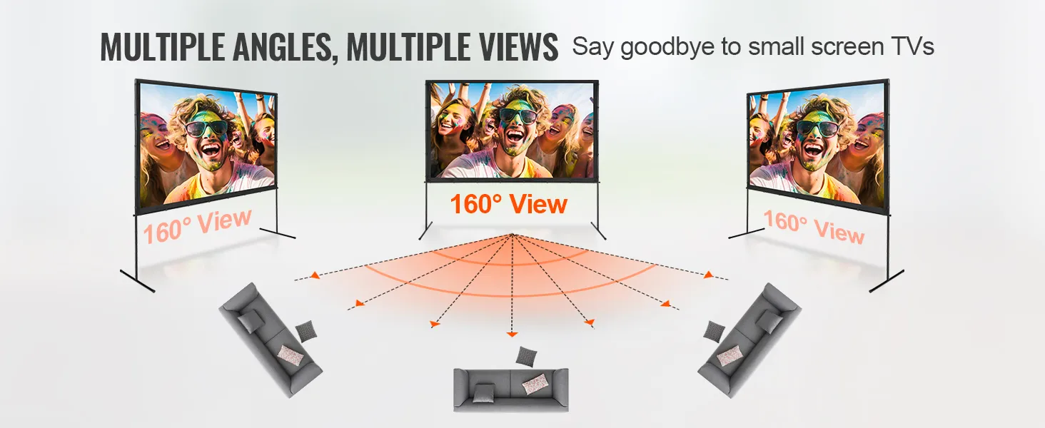 VEVOR projector screen offering 160° viewing angles and clear visuals from multiple perspectives.