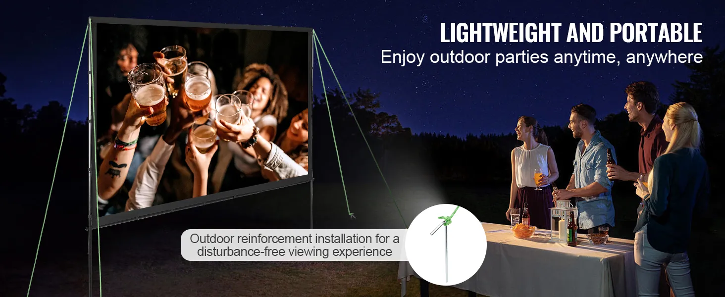 VEVOR projector screen set up outdoors with people enjoying drinks and watching a movie at night.